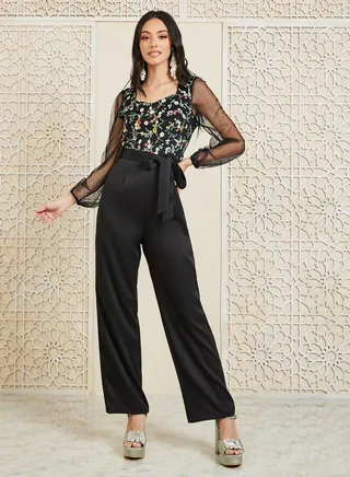 Embroidered Sweetheart Neck Straight Leg Jumpsuit 