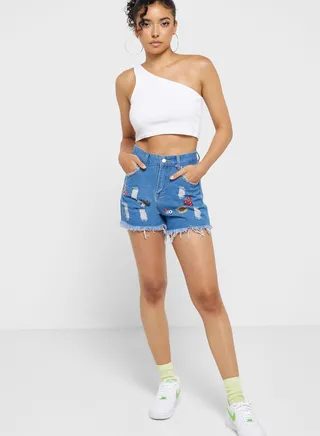 Embroidered Denim Shorts 