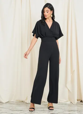 Textured Knit Front Wrap Wide Leg Jumpsuit 