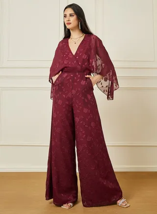 Chiffon Front Wrap Detail Jacquard Wide Leg Jumpsuit