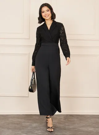 Lace Notch Lapel Neck Wide Leg Jumpsuit 