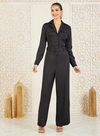 Tailored Button Down Jumpsuit with Belt 