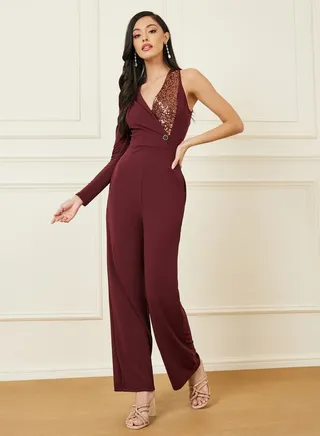 One Sided Sequined Wide Leg Jumpsuit 
