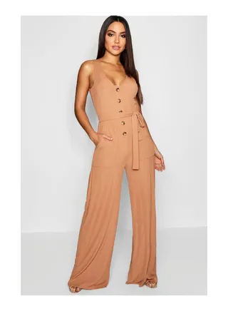 Horn Button Ribbed Tie Belt Pocket Jumpsuit 