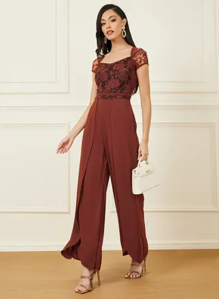 Lace Insert Wide Leg Jumpsuit 