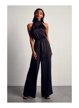 Satin Cowl Neck Open Back Jumpsuit 