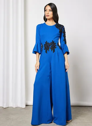 Embroidered Wide Leg Jumpsuit Blue 