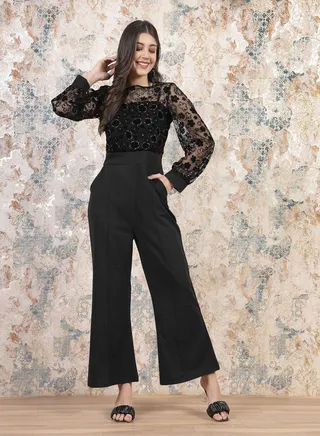 Floral Embroidered Sheer Top Wide Leg Jumpsuit 