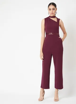 Cut Out Detail Sequin Waistband Sleeveless Jumpsuit with Pocket 