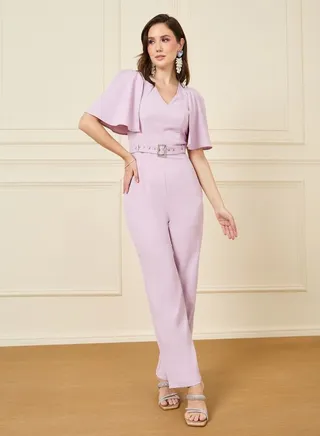 Wide Leg Bell Sleeves Tailored Jumpsuits with Embellished Belt 