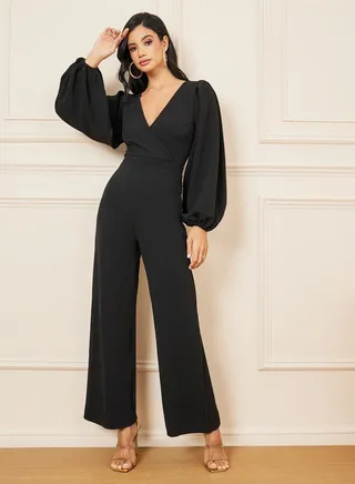Textured Knit Balloon Sleeves Straight Leg Jumpsuit 