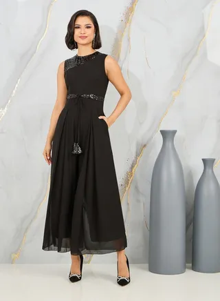 Sequin Detail Box Pleat Wide Leg Jumpsuit with Self Tie Up 