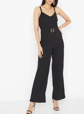 Double Ring Detailed Sleeveless Jumpsuit Black 