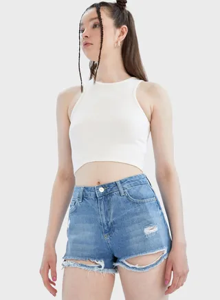 High Waist 100% Cotton Denim Short