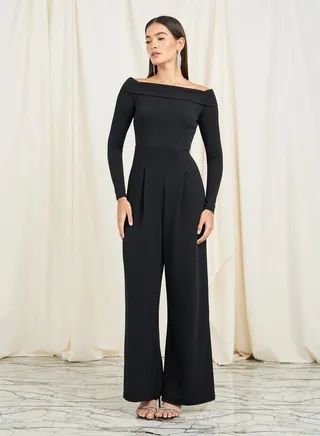 Textured Knit Off Shoulder Wide Leg Jumpsuit