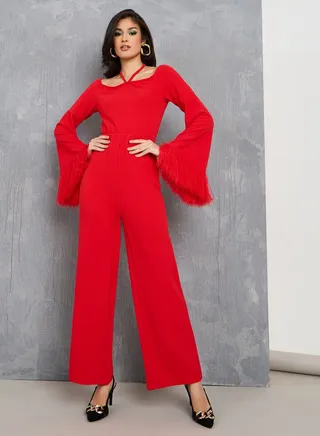 Faux Fur Cuff Detail Straight Leg Jumpsuit 