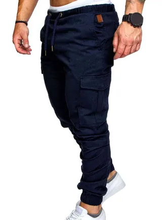 Solid Drawstring Cargo Pants Navy Blue 
