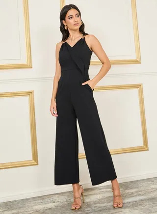 Textured Metal Detail Strap Wide Leg Jumpsuit with Pocket 