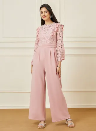 Lace Insert Ruffled Wide Leg Jumpsuit 