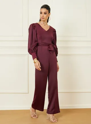 Satin Wide Leg Jumpsuit with Self Tie 