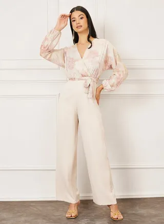 Floral Print Wide Leg Jumpsuit with Self Tie Up 