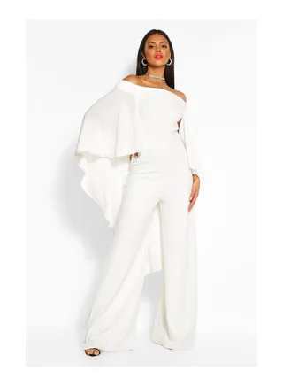 Off The Shoulder Wide Leg Extreme Cape Jumpsuit 
