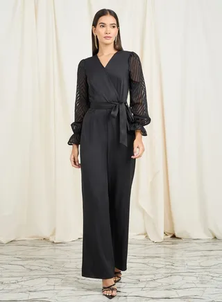 Wrap Front Wide Leg Jumpsuit with Chiffon Jacquard Sleeves & Tie Up Belt 