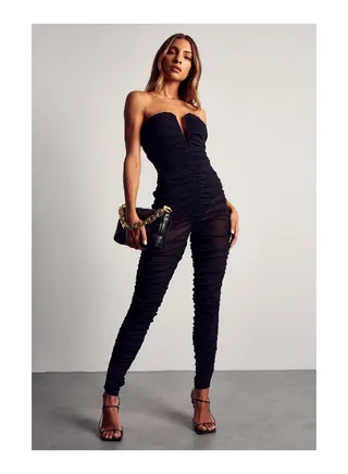 Ruched Mesh V Bar Jumpsuit 