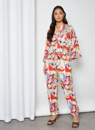 Printed Long Sleeve Jumpsuit Red 