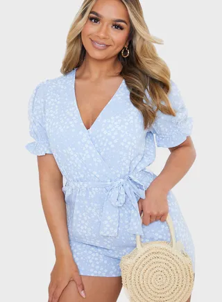 Floral Wrap Puff Sleeve Playsuit 