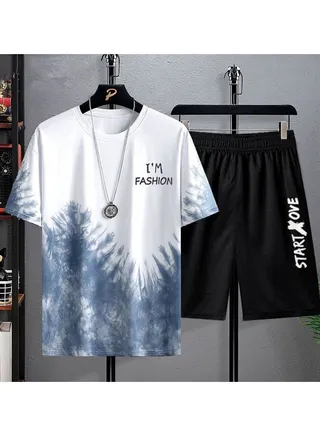 Summer Men's New Casual Ice Silk Short Sleeve Shorts Set 