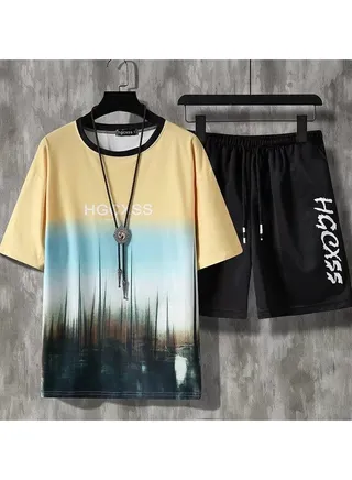 Men's New Summer Ice Silk Short Sleeve Shorts Set 