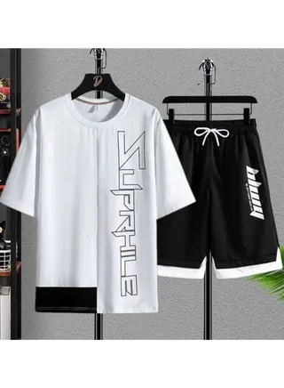 Summer Men's Plus Size Plus Short Sleeve Shorts Set Two Pieces 