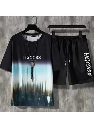 Men's New Summer Ice Silk Short Sleeve Shorts Set 
