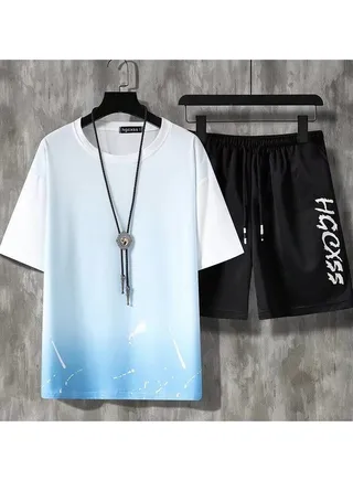 Men's New Summer Ice Silk Short Sleeve Shorts Set 