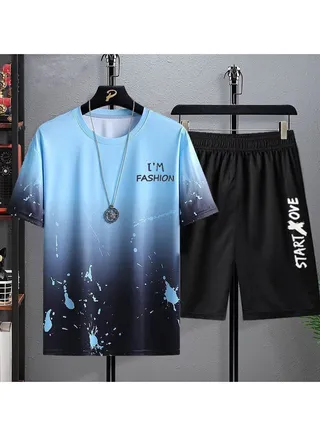 Summer Men's New Casual Ice Silk Short Sleeve Shorts Set 