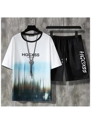 Men's New Summer Ice Silk Short Sleeve Shorts Set 