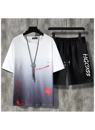 Men's New Summer Ice Silk Short Sleeve Shorts Set 