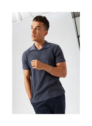 Ribbed Texture Revere Collar Polo 