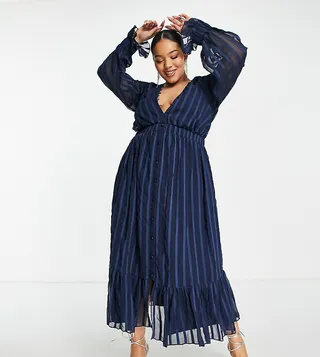 ASOS DESIGN Curve satin stripe midi dress with blouson sleeve and button detail in navy