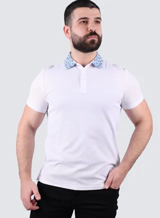 Men’s Cotton Contrast Collar Polo T-Shirt in Optic White 