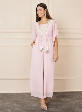 Embellished Tassel Detail Wide Leg Jumpsuit with Batwing Sleeves 