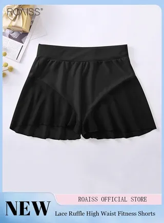Women's Lace Ruffle Dance Shorts High Waist High Stretch Yoga Fitness Shorts 