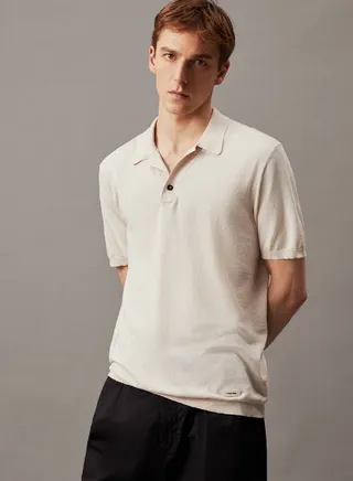 Men's Cotton Silk Polo Jumper -  cotton silk, Beige 