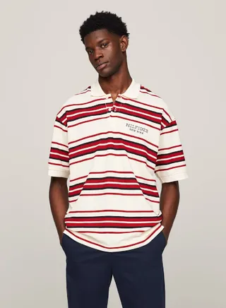 Men's Hilfiger Monotype Stripe Honeycomb Regular Polo -  Circulose® blend, Beige 