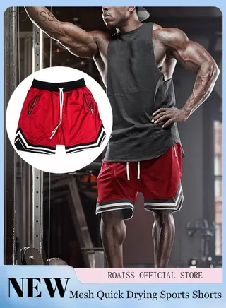 Men's Summer Mesh Sports Shorts Waist Drawstring Tied Sweatpants Training Shorts With Side Zip Pockets 