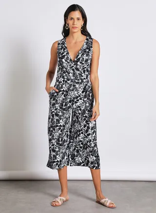 Sleeveless Slim Fit Midi Length Jumpsuit With V Neck Wide Leg Floral Print Black/White 