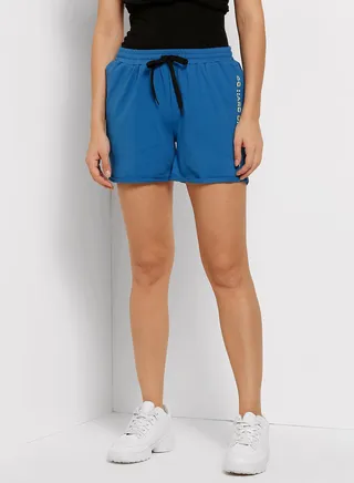 Text Print Elastic Waistband Drawstring Mid Rise Shorts Royal Blue 