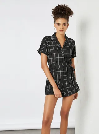 Cuffed Grid Printed Jumpsuit With Sash Belt Black/Cream 