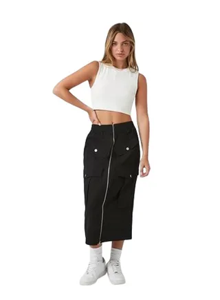 Zip-Front Cargo Midi Skirt 